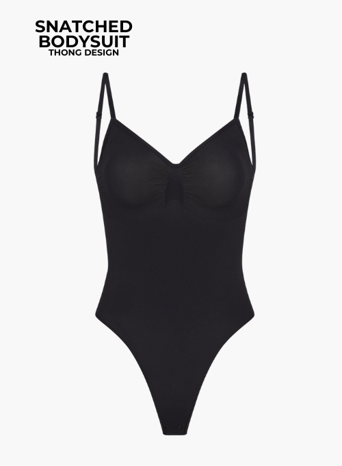 Black thong bodysuit shapewear flatlay – seamless design by Glow Society