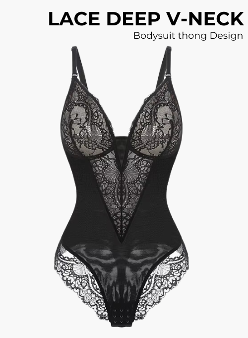 Lace Deep V-Neck Bodysuit Thong